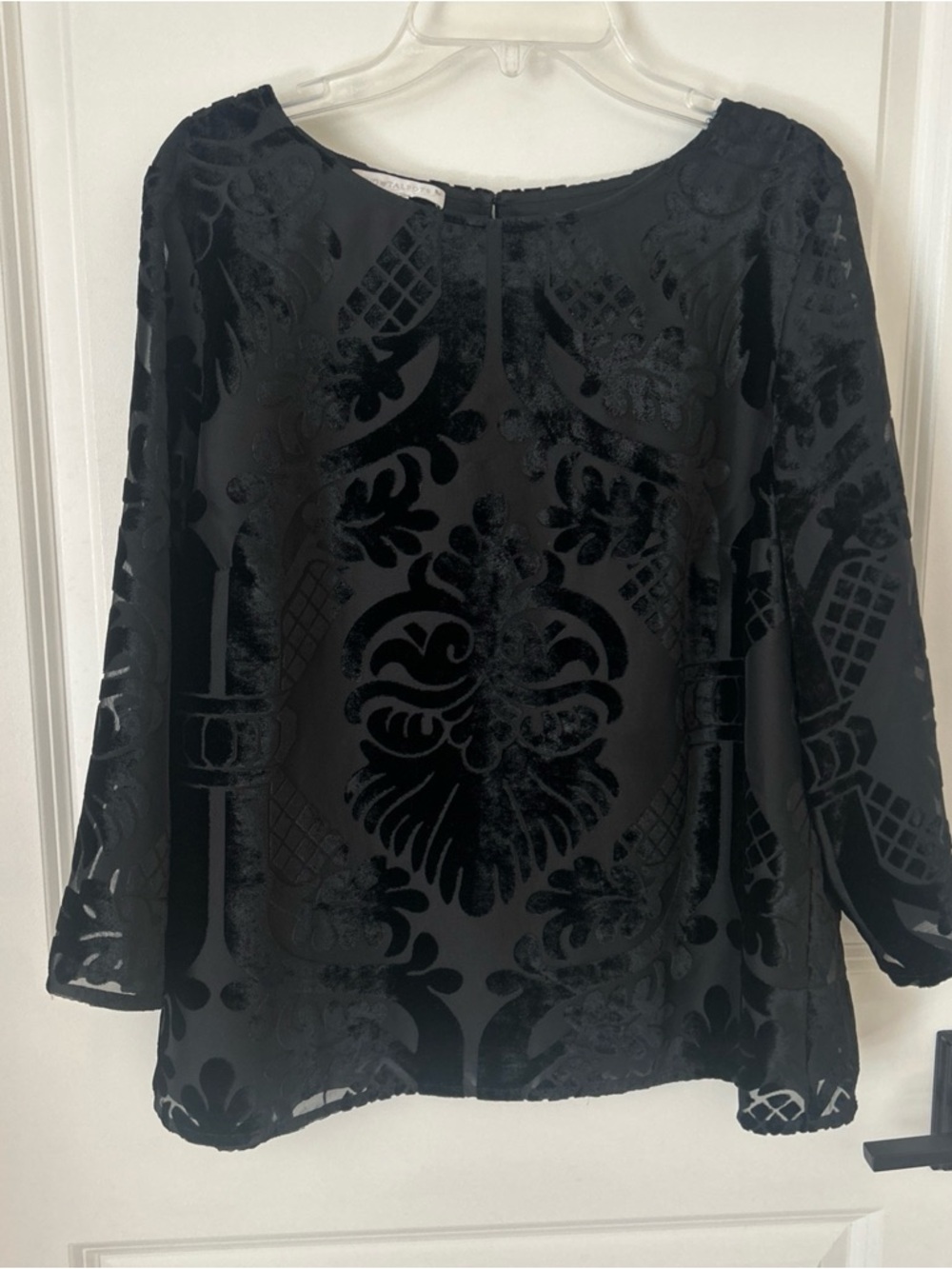 Talbots RSVP Black Velvet Burnout 3/4 Sleeve Evening Top Blouse Size LP Party